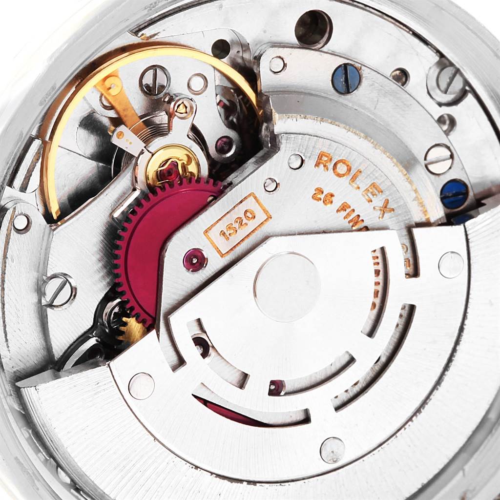 This image shows a close-up of the internal mechanism of a Rolex Vintage Collection 5500 Men's Stainless Steel Silver Dial 5500 Men's Stainless Steel Silver Dial model watch.