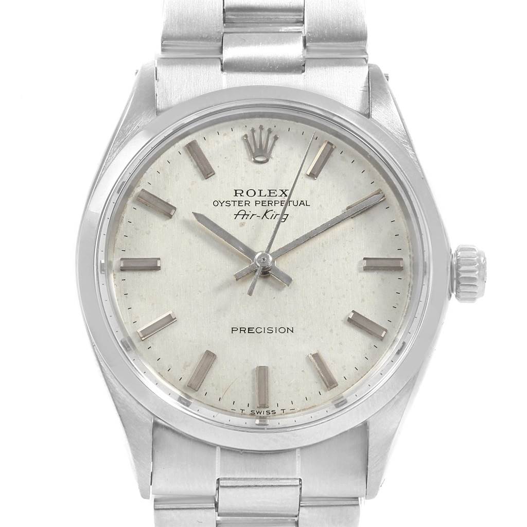 The image shows a frontal view of a Rolex Vintage Collection 5500 Men's Stainless Steel Silver Dial 5500 Men's Stainless Steel Silver Dial Air-King watch, highlighting its face, dial, and bracelet.