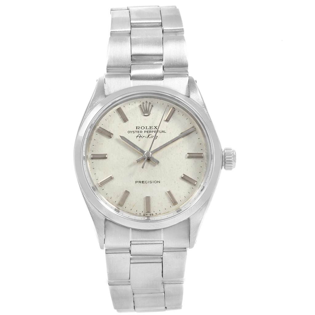 The image shows a front view of a Rolex Vintage Collection 5500 Men's Stainless Steel Silver Dial 5500 Men's Stainless Steel Silver Dial model with visible dial, hands, case, crown, and bracelet.