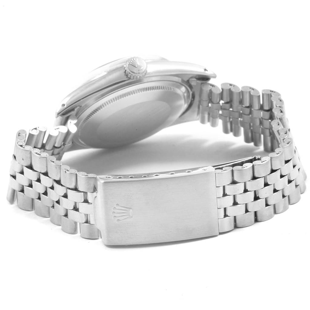 The image shows the back and the bracelet of the Rolex Vintage Collection 1603 Men's Stainless Steel Grey Dial 1603 Men's Stainless Steel Grey Dial watch, highlighting the clasp and crown.