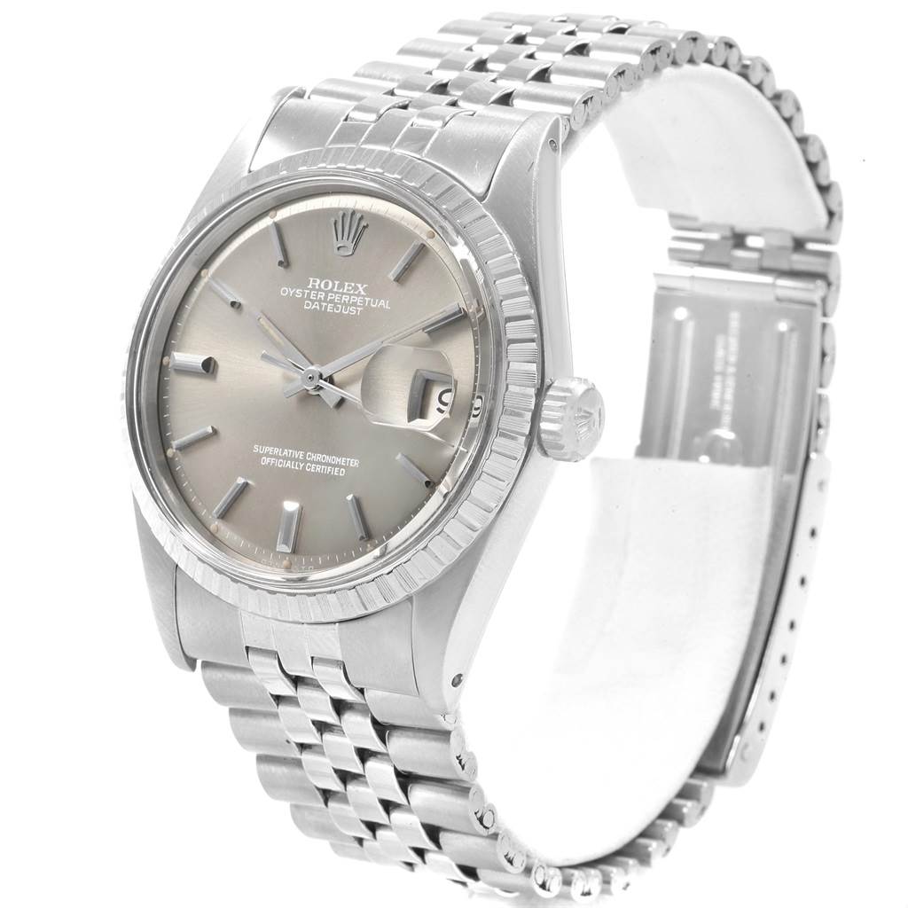 The image shows a Rolex Vintage Collection 1603 Men's Stainless Steel Grey Dial 1603 Men's Stainless Steel Grey Dial Datejust watch from an angle highlighting the face, bezel, crown, and bracelet.