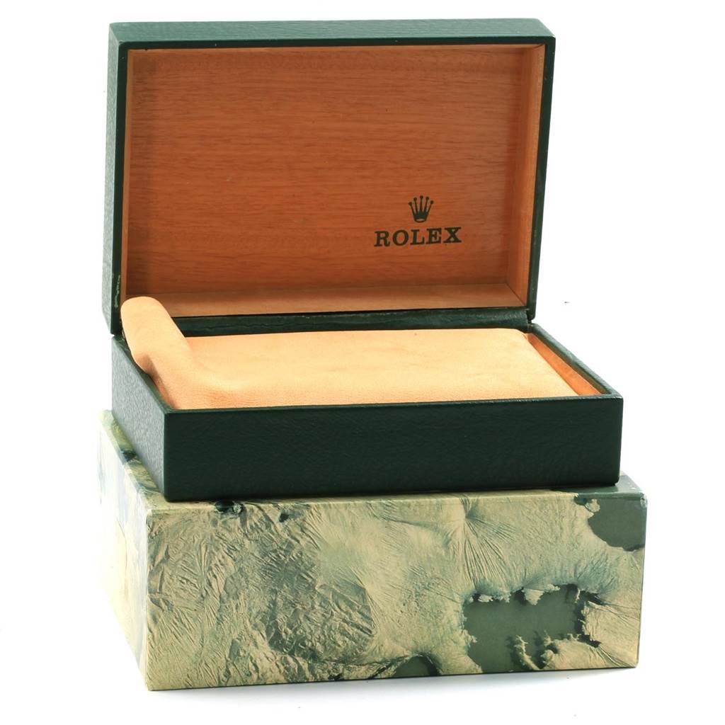 This is an open Rolex Vintage Collection 1603 Men's Stainless Steel Grey Dial 1603 Men's Stainless Steel Grey Dial watch box, displaying the logo and inner lining.