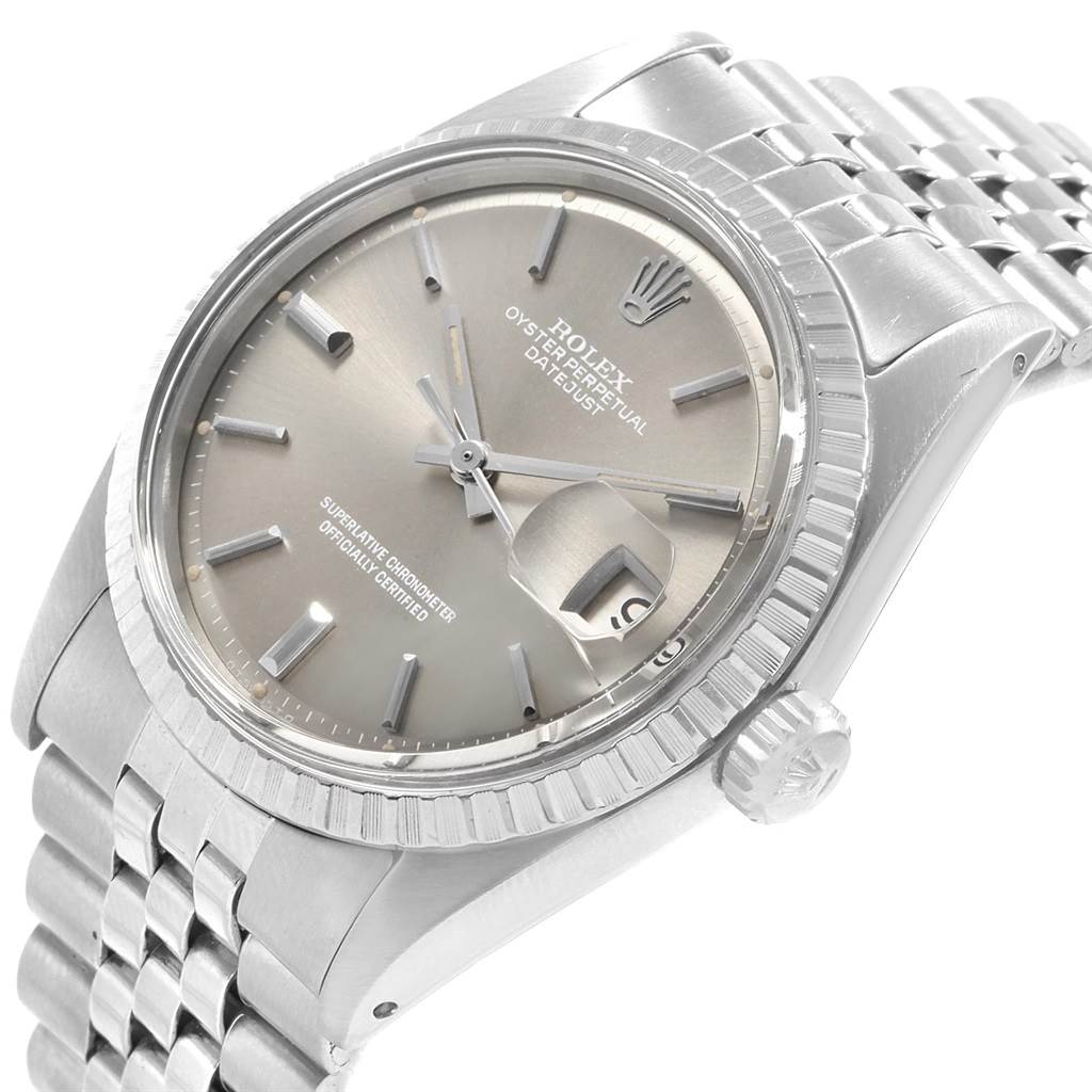 The image shows the face, bezel, and bracelet of a Rolex Vintage Collection 1603 Men's Stainless Steel Grey Dial 1603 Men's Stainless Steel Grey Dial Oyster Perpetual Datejust watch at a three-quarter angle.