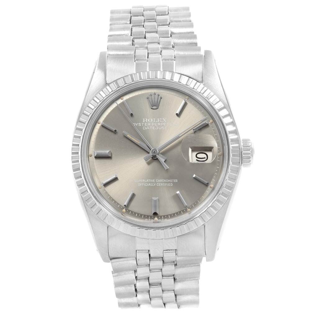This image shows a front view of a Rolex Vintage Collection 1603 Men's Stainless Steel Grey Dial 1603 Men's Stainless Steel Grey Dial watch, displaying the dial, case, bezel, and part of the bracelet.