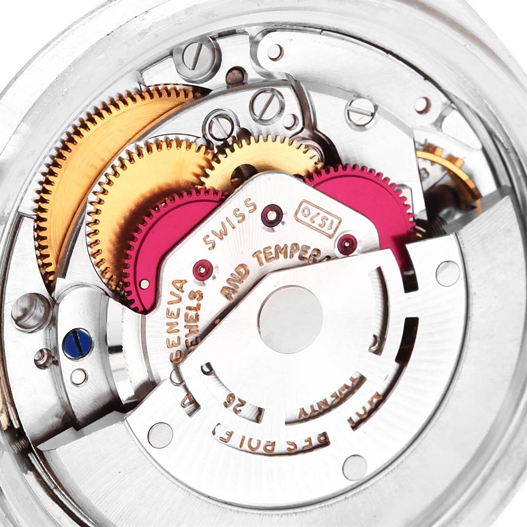 This image shows the intricate internal mechanism of the Rolex Vintage Collection 1603 Men's Stainless Steel Grey Dial 1603 Men's Stainless Steel Grey Dial watch, captured from a top-down angle.