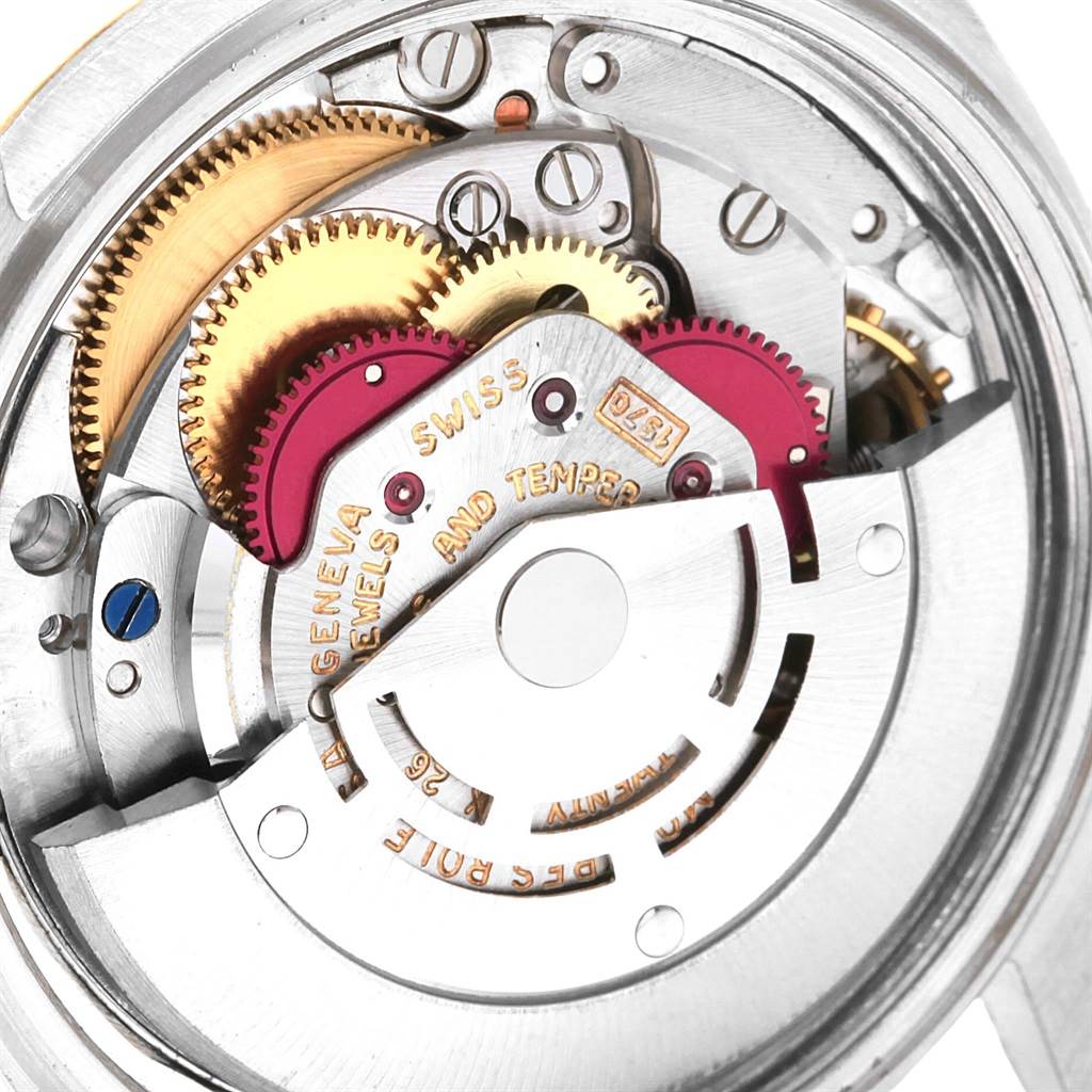 This image shows the inner mechanical components of a Rolex Vintage Collection 1601 Men's Steel and Gold (two tone) Grey Dial 1601 Men's Steel and Gold (two tone) Grey Dial watch at a close-up angle.