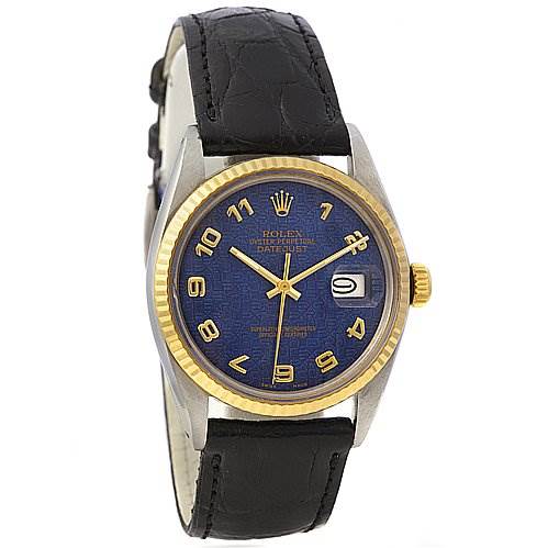 The image shows a Rolex Vintage Collection 16013 Men's Stainless Steel Blue Dial 16013 Men's Stainless Steel Blue Dial model from a front angle, highlighting its blue dial, gold bezel, and black leather strap.