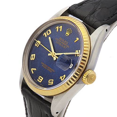 The Rolex Vintage Collection 16013 Men's Stainless Steel Blue Dial 16013 Men's Stainless Steel Blue Dial model watch is shown from a left-side angle, highlighting the dial, bezel, crown, and part of the strap.