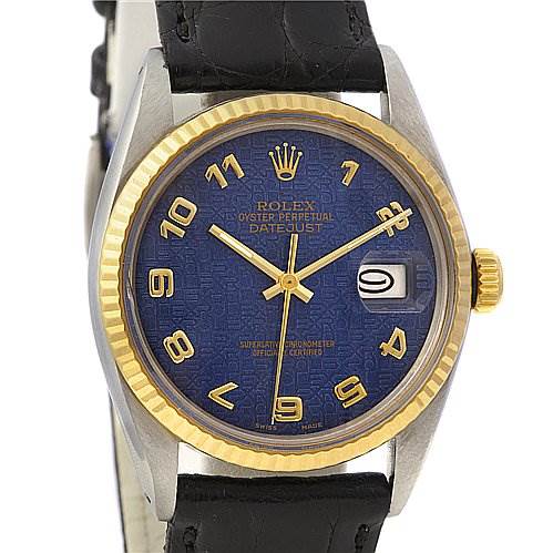 The image shows a Rolex Vintage Collection 16013 Men's Stainless Steel Blue Dial 16013 Men's Stainless Steel Blue Dial Oyster Perpetual Datejust watch from the front, highlighting the blue dial, gold bezel, and leather strap.