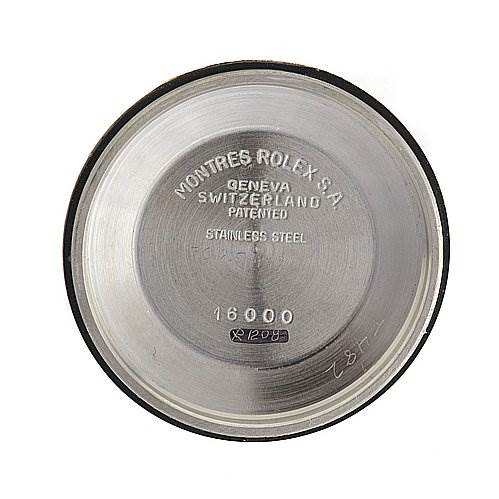 This image shows the inside of the case back for a Rolex Vintage Collection 16013 Men's Stainless Steel Blue Dial 16013 Men's Stainless Steel Blue Dial model watch, displaying markings and material information.