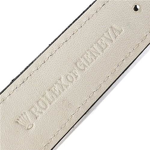 This image shows a close-up of the leather strap for a Rolex Vintage Collection 16013 Men's Stainless Steel Blue Dial 16013 Men's Stainless Steel Blue Dial watch, displaying the "Rolex of Geneva" embossing.