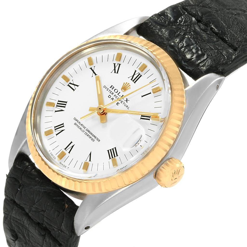 The Vintage Collection Rolex watch is shown from a slight angled view highlighting the dial, bezel, crown, and black leather strap.