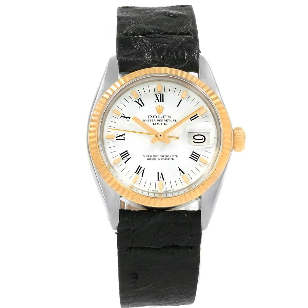 The image shows a front view of the Rolex Vintage Collection 1501 Men's Steel and Gold (two tone) White Dial 1501 Men's Steel and Gold (two tone) White Dial model with a black leather strap, gold bezel, and white dial displaying Roman numerals.