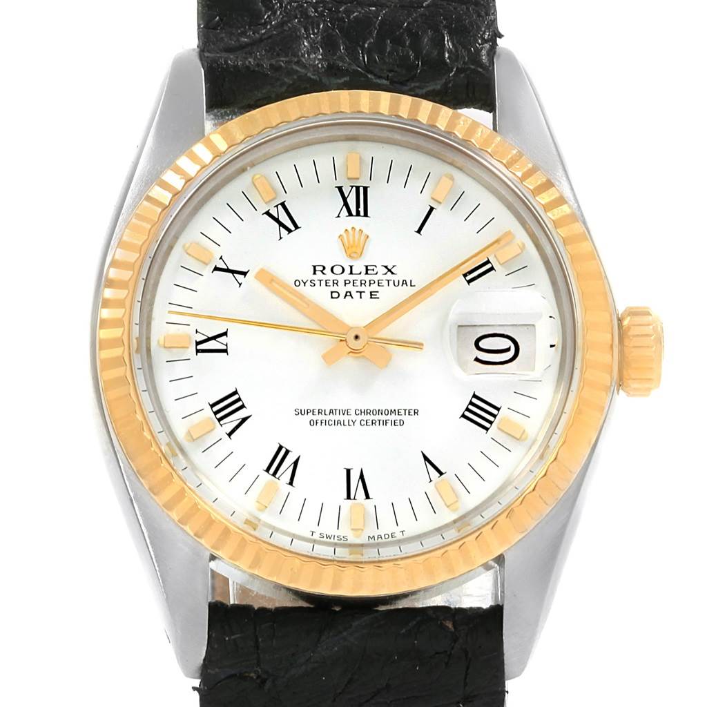 The image shows a front view of a Rolex Vintage Collection 1501 Men's Steel and Gold (two tone) White Dial 1501 Men's Steel and Gold (two tone) White Dial watch, displaying its face, bezel, and crown.