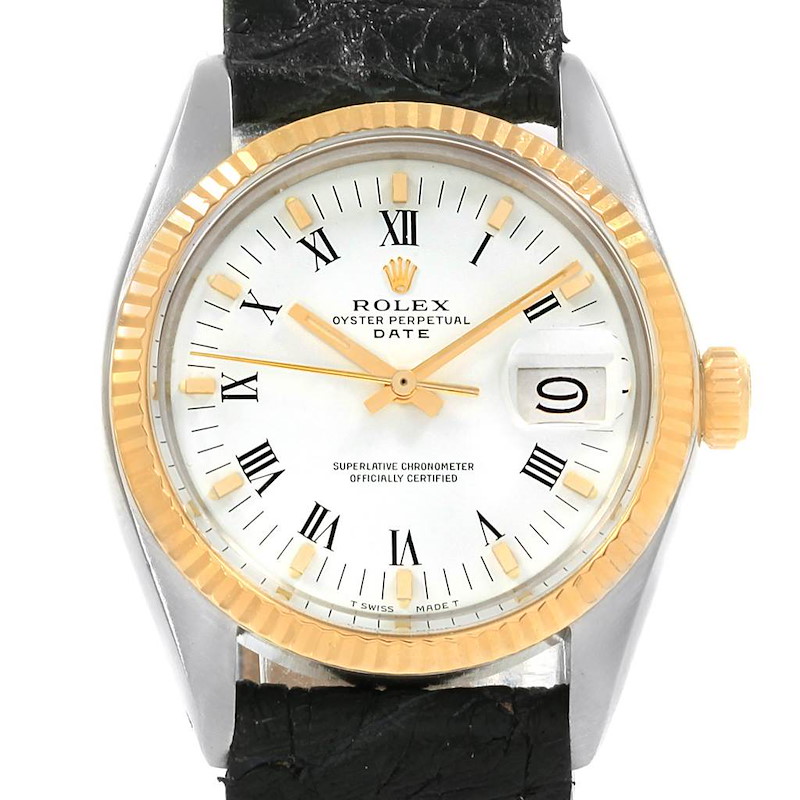 Rolex Date Vintage Steel Yellow Gold Black Strap Mens Watch 1501 SwissWatchExpo