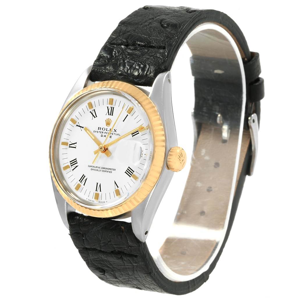 The Rolex Vintage Collection 1501 Men's Steel and Gold (two tone) White Dial 1501 Men's Steel and Gold (two tone) White Dial watch is shown at a slight angle, displaying its face, bezel, crown, and black leather strap.