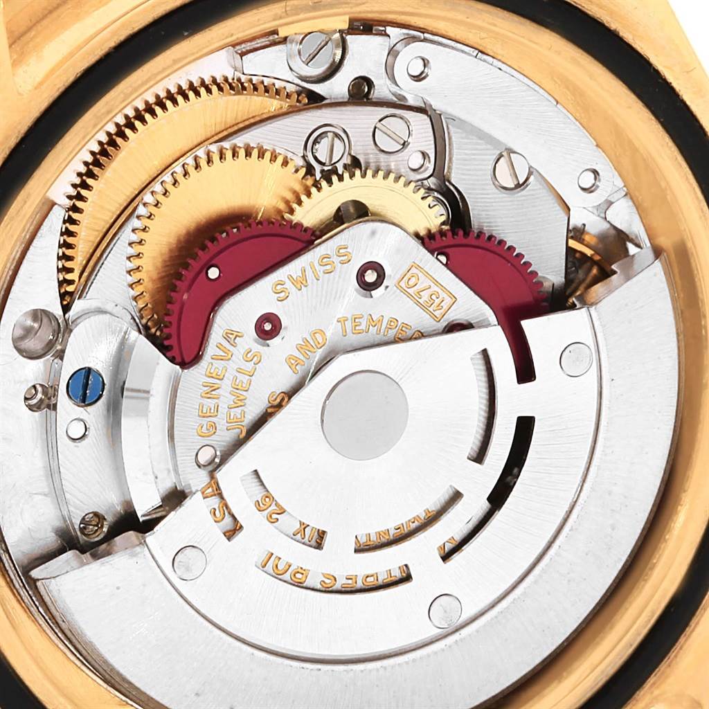 The image shows the inner mechanical movement of a Rolex Vintage Collection 1675 Men's Yellow Gold Brown Dial 1675 Men's Yellow Gold Brown Dial model watch.