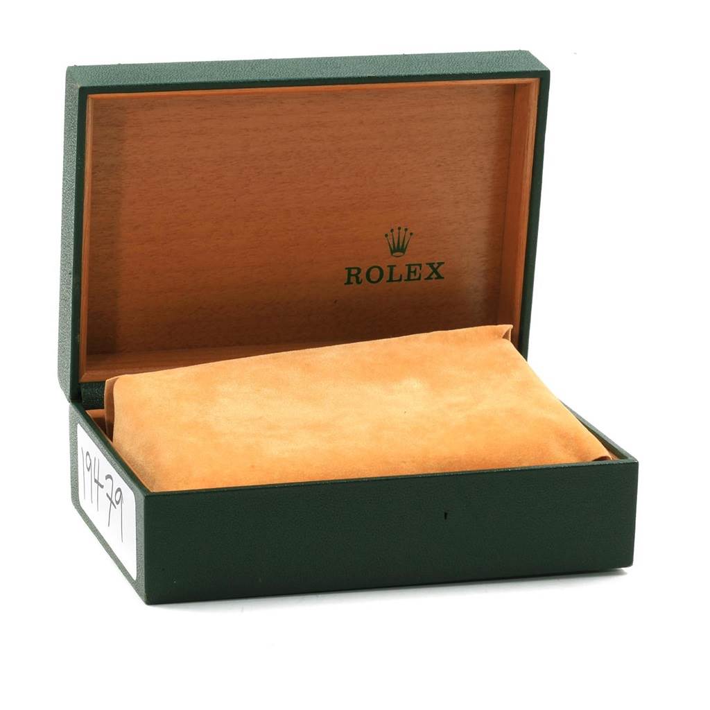 The image shows an open Rolex Vintage Collection 15037 Men's Yellow Gold Champagne Dial 15037 Men's Yellow Gold Champagne Dial watch box with a cushion inside.