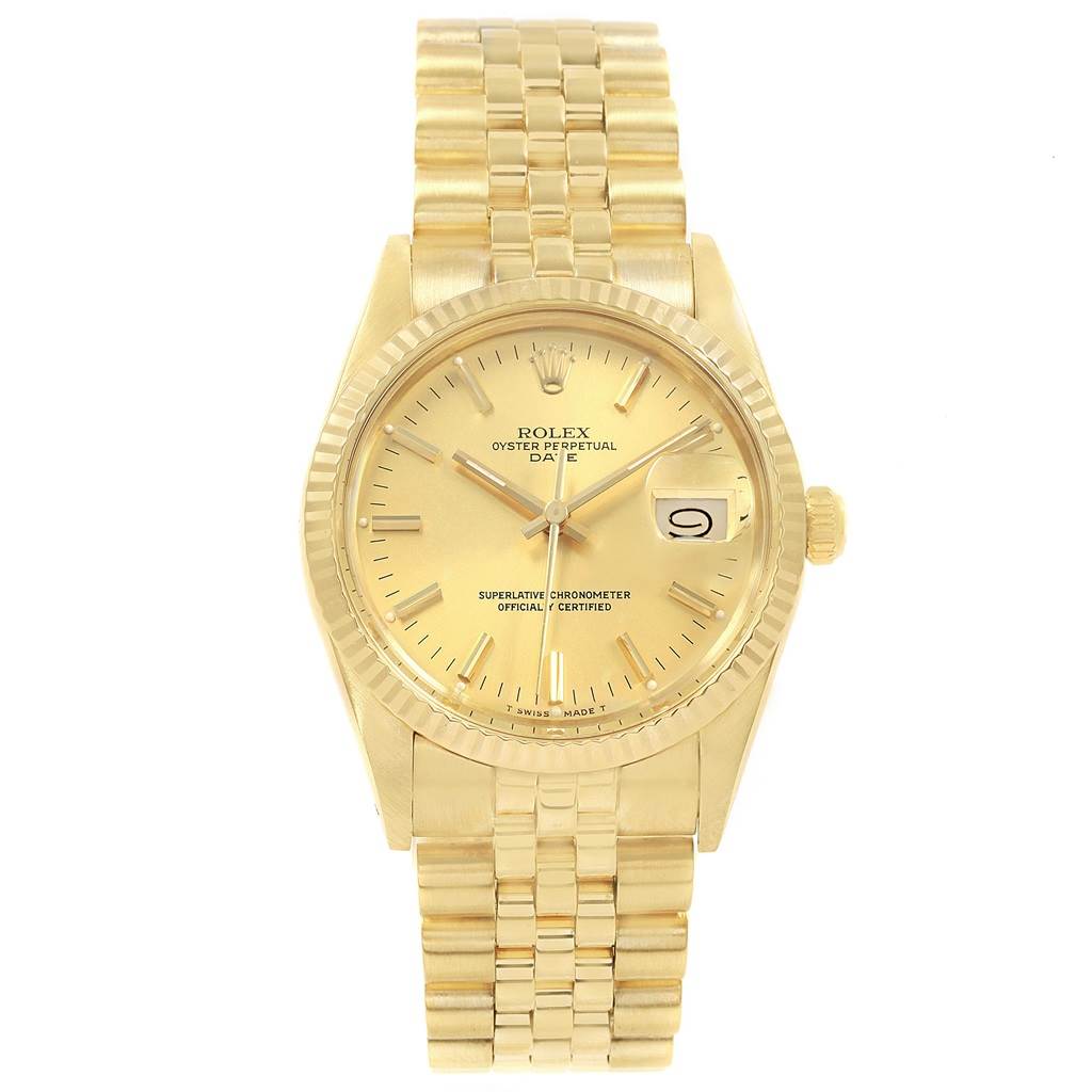 The image shows a front view of the Rolex Vintage Collection 15037 Men's Yellow Gold Champagne Dial 15037 Men's Yellow Gold Champagne Dial Oyster Perpetual Date watch, displaying the dial, bracelet, and crown.