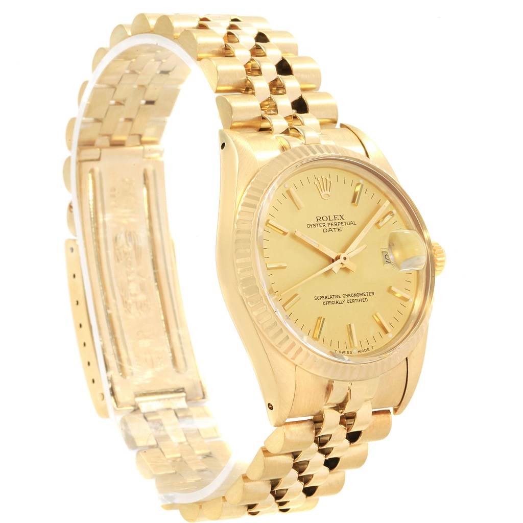 The image showcases a Rolex Vintage Collection 15037 Men's Yellow Gold Champagne Dial 15037 Men's Yellow Gold Champagne Dial model with a gold case, dial, and bracelet, viewed from an angled front perspective.