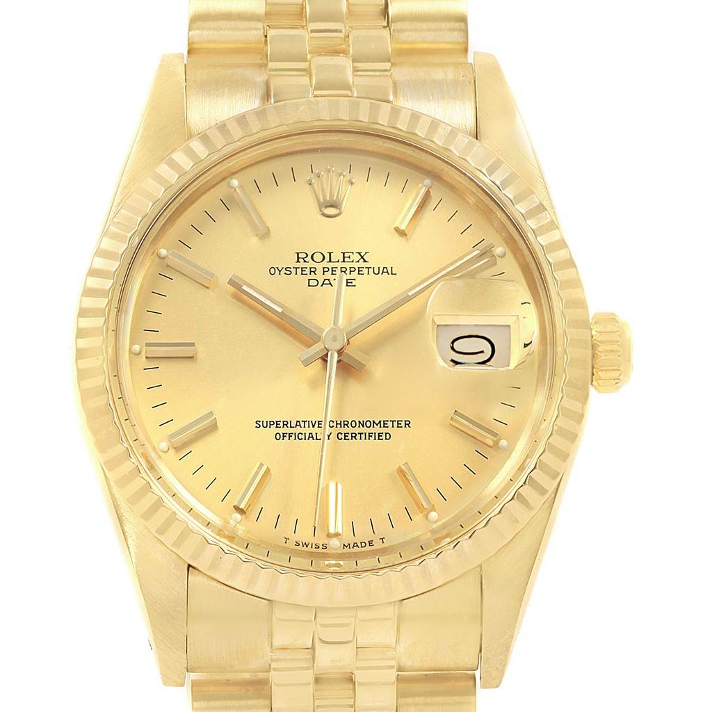 The image shows a front view of the Rolex Vintage Collection 15037 Men's Yellow Gold Champagne Dial 15037 Men's Yellow Gold Champagne Dial Oyster Perpetual Date watch, highlighting the dial, hands, and bracelet.