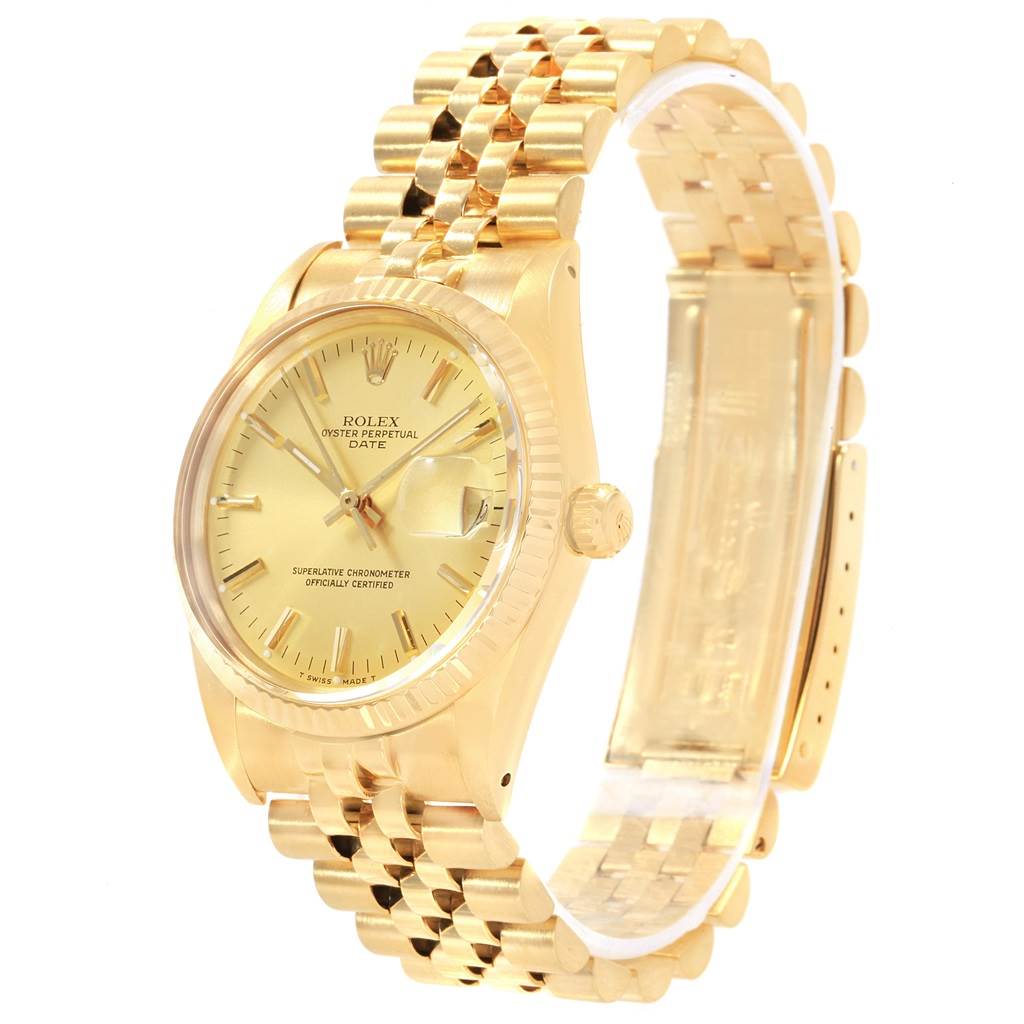 The image shows a side-angle view of a Rolex Vintage Collection 15037 Men's Yellow Gold Champagne Dial 15037 Men's Yellow Gold Champagne Dial watch, including the face, band, and clasp.