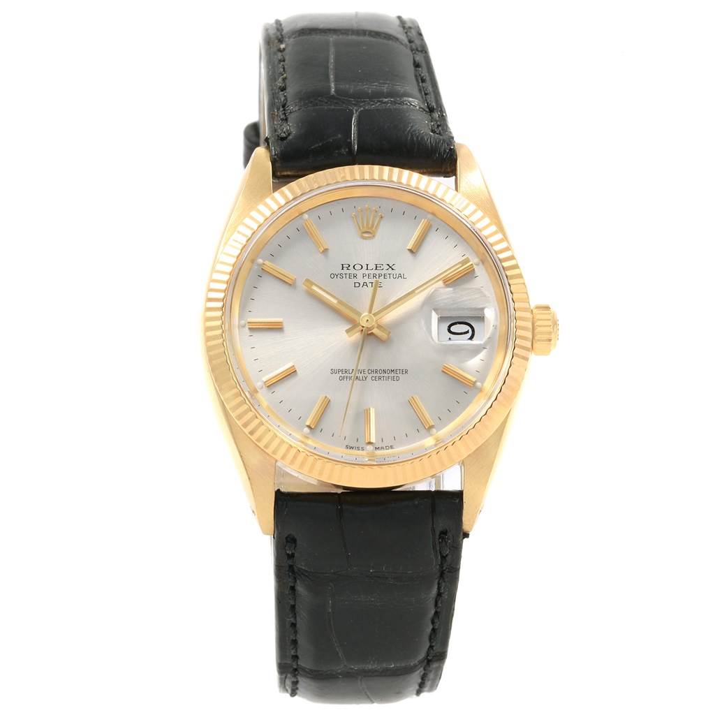 The watch is a Rolex Vintage Collection 1503 Men's Yellow Gold Silver Dial 1503 Men's Yellow Gold Silver Dial model, shown from the front, displaying the face, bezel, and black leather strap.