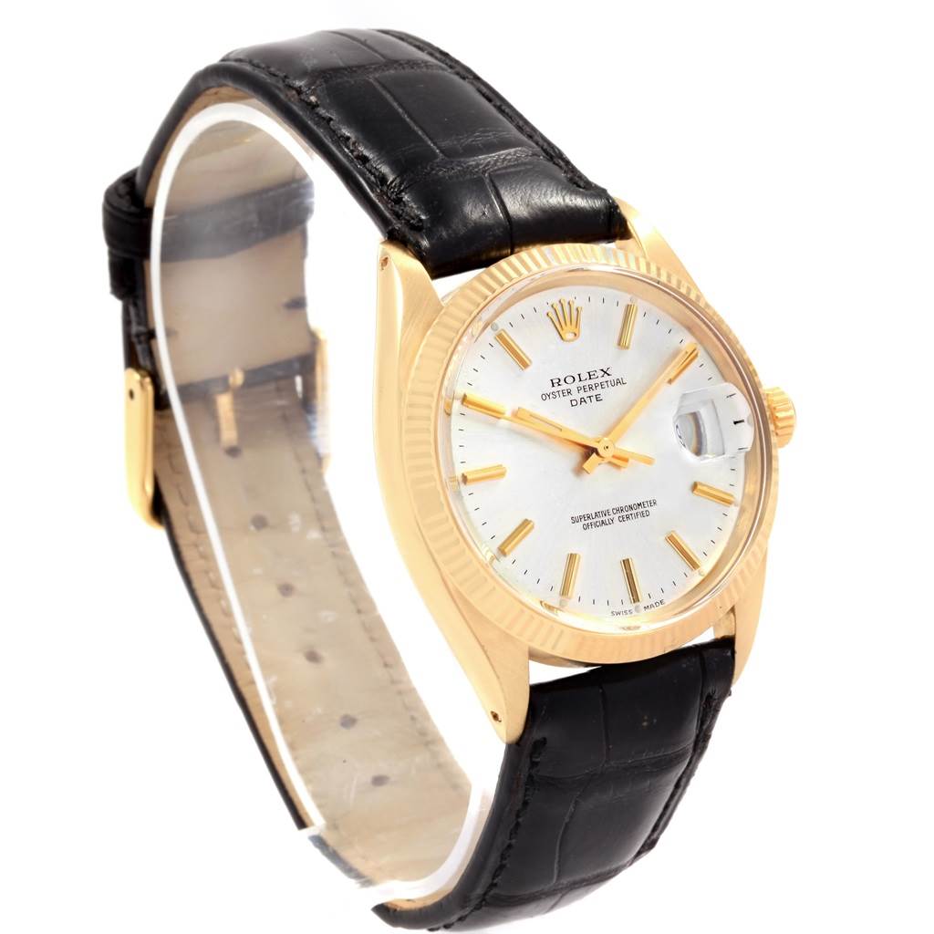 The image shows a Rolex Vintage Collection 1503 Men's Yellow Gold Silver Dial 1503 Men's Yellow Gold Silver Dial model from a three-quarter angle, showcasing its face, bezel, and black leather strap.
