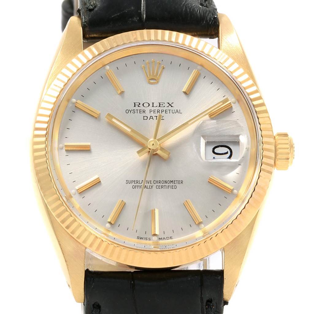 This Rolex Vintage Collection 1503 Men's Yellow Gold Silver Dial 1503 Men's Yellow Gold Silver Dial watch is shown from the front, highlighting its dial, case, bezel, and part of the strap.