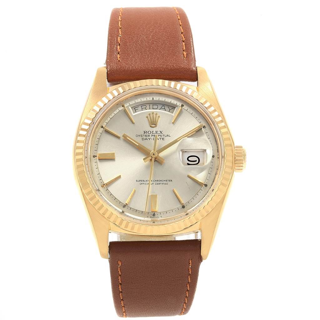 The Rolex Vintage Collection 1803 Men's Yellow Gold Silver Dial 1803 Men's Yellow Gold Silver Dial watch is shown from a front angle, displaying the face, bezel, crown, and leather strap.