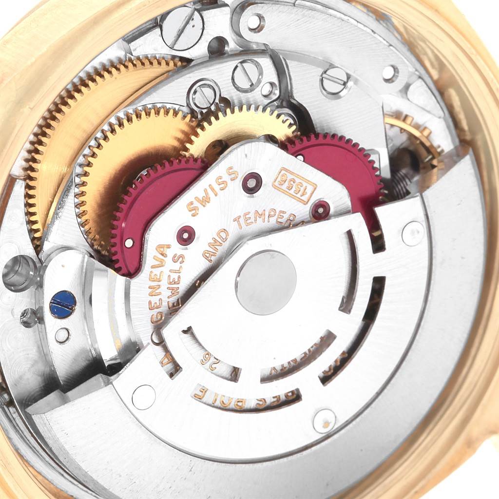 This image shows a close-up view of the intricate internal mechanism of the Rolex Vintage Collection 1803 Men's Yellow Gold Silver Dial 1803 Men's Yellow Gold Silver Dial watch.