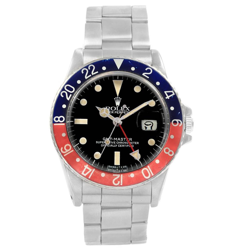 The Vintage Collection Rolex GMT-Master watch is shown from the front, featuring its bezel, dial, hands, and bracelet.