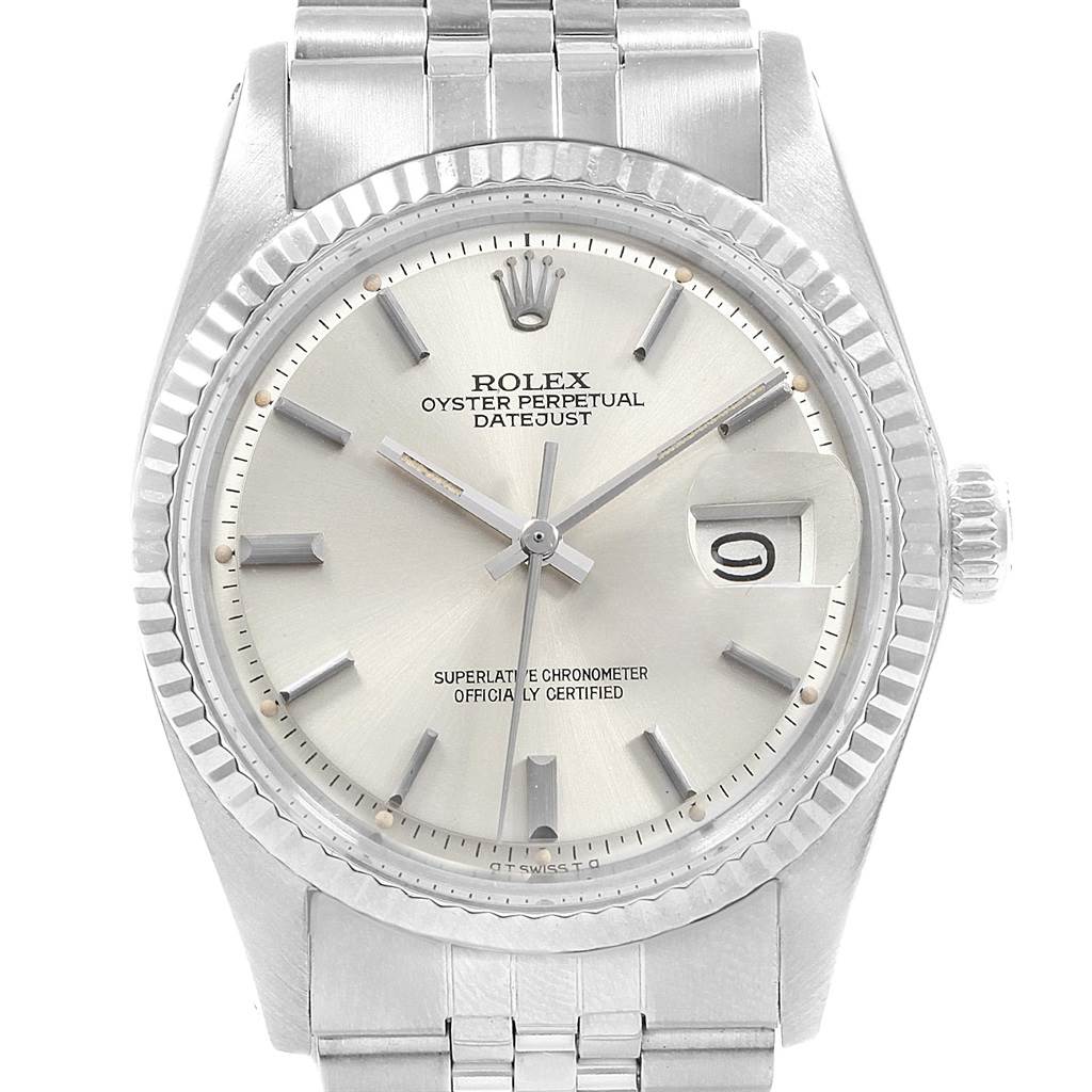 The image shows the front view of a Rolex Vintage Collection 1601 Men's Stainless Steel Silver Dial 1601 Men's Stainless Steel Silver Dial Oyster Perpetual Datejust watch, displaying its face, bracelet, and crown.