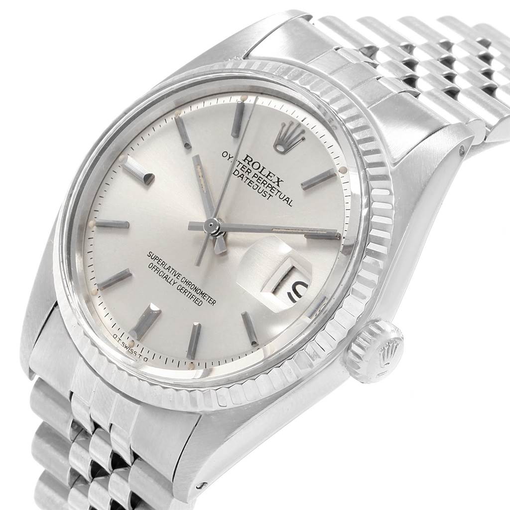 The image shows a close-up, angled view of the face and partial bracelet of a Rolex Vintage Collection 1601 Men's Stainless Steel Silver Dial 1601 Men's Stainless Steel Silver Dial watch.