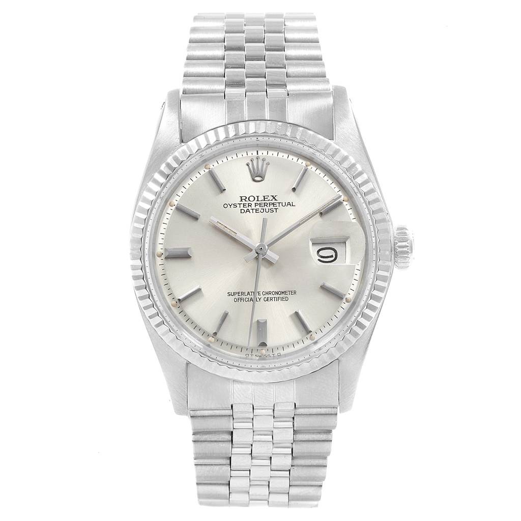 This image shows a front view of the Rolex Vintage Collection 1601 Men's Stainless Steel Silver Dial 1601 Men's Stainless Steel Silver Dial model, displaying its face, bezel, and bracelet.