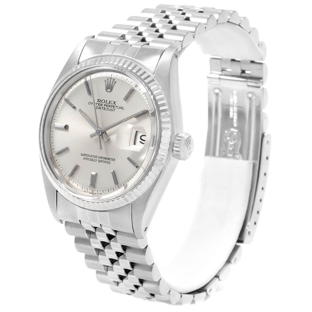The Rolex Vintage Collection 1601 Men's Stainless Steel Silver Dial 1601 Men's Stainless Steel Silver Dial model is shown at a three-quarter angle, highlighting the dial, crown, and jubilee bracelet.