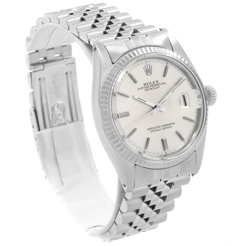 The photo shows a Vintage Collection Rolex Oyster Perpetual Datejust watch at a three-quarter angle, highlighting the face and part of the bracelet.