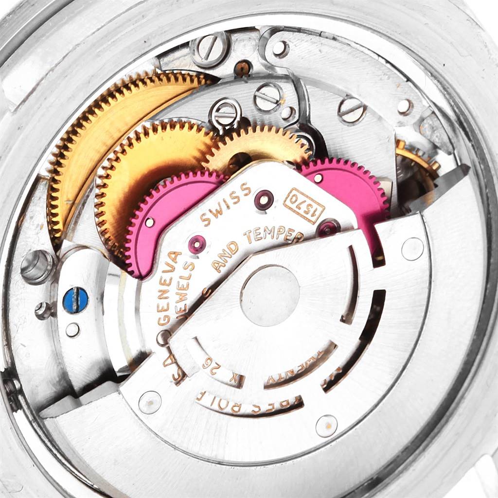 The image shows the intricate inner mechanical components and gears of the back view of a Rolex Vintage Collection 1680 Men's Stainless Steel Black Dial 1680 Men's Stainless Steel Black Dial watch.