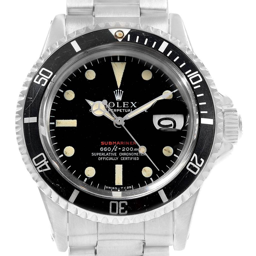 The image shows a front view of the Rolex Vintage Collection 1680 Men's Stainless Steel Black Dial 1680 Men's Stainless Steel Black Dial Submariner watch, highlighting the dial, bezel, and bracelet.