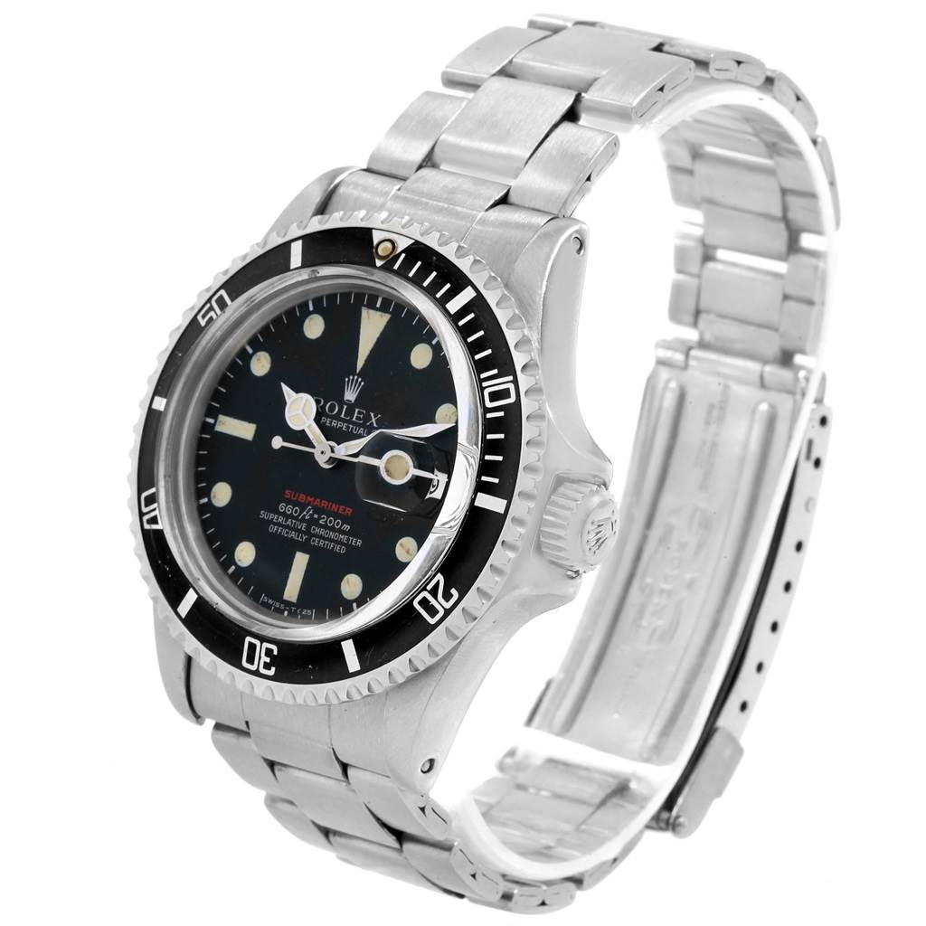 The image shows a Rolex Vintage Collection 1680 Men's Stainless Steel Black Dial 1680 Men's Stainless Steel Black Dial Submariner model watch at an angled side view, highlighting the face, bezel, and bracelet.
