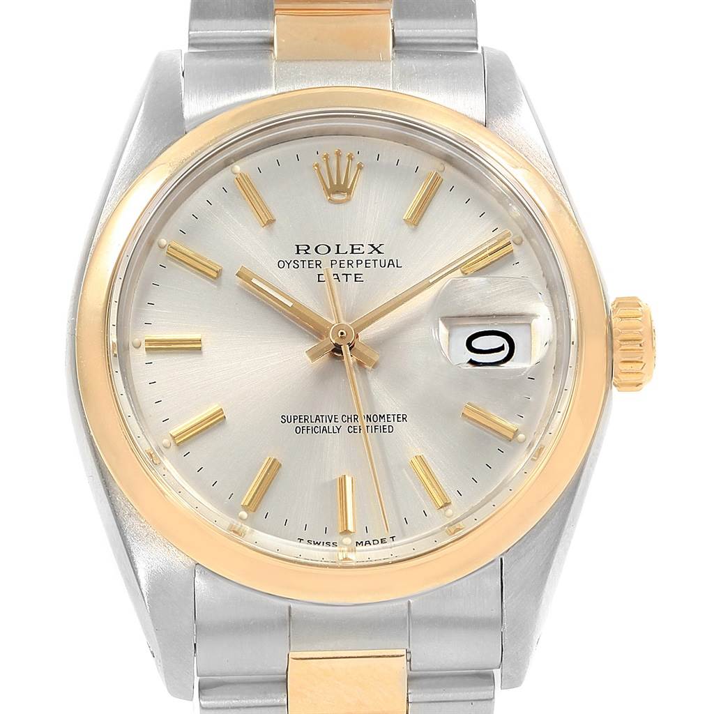 The image shows a front view of a Rolex Vintage Collection 1500 Men's Steel and Gold (two tone) Silver Dial 1500 Men's Steel and Gold (two tone) Silver Dial Oyster Perpetual Date watch displaying the dial and part of the bracelet.