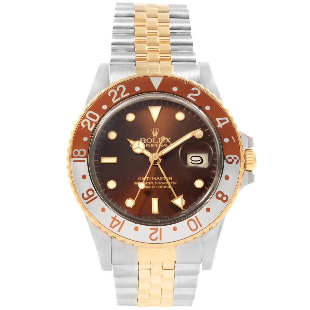 This Rolex Vintage Collection 16753 Men's Stainless Steel Brown Dial 16753 Men's Stainless Steel Brown Dial GMT-Master watch is shown from a front angle displaying its face, bezel, and two-tone bracelet.