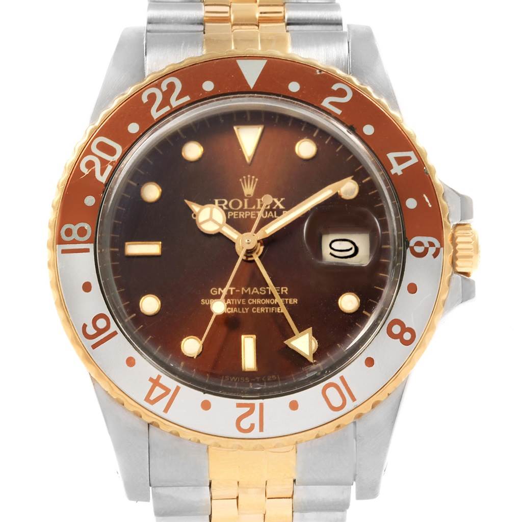 The image shows a front view of the Rolex Vintage Collection 16753 Men's Stainless Steel Brown Dial 16753 Men's Stainless Steel Brown Dial GMT-Master watch, displaying the dial, bezel, and bracelet.