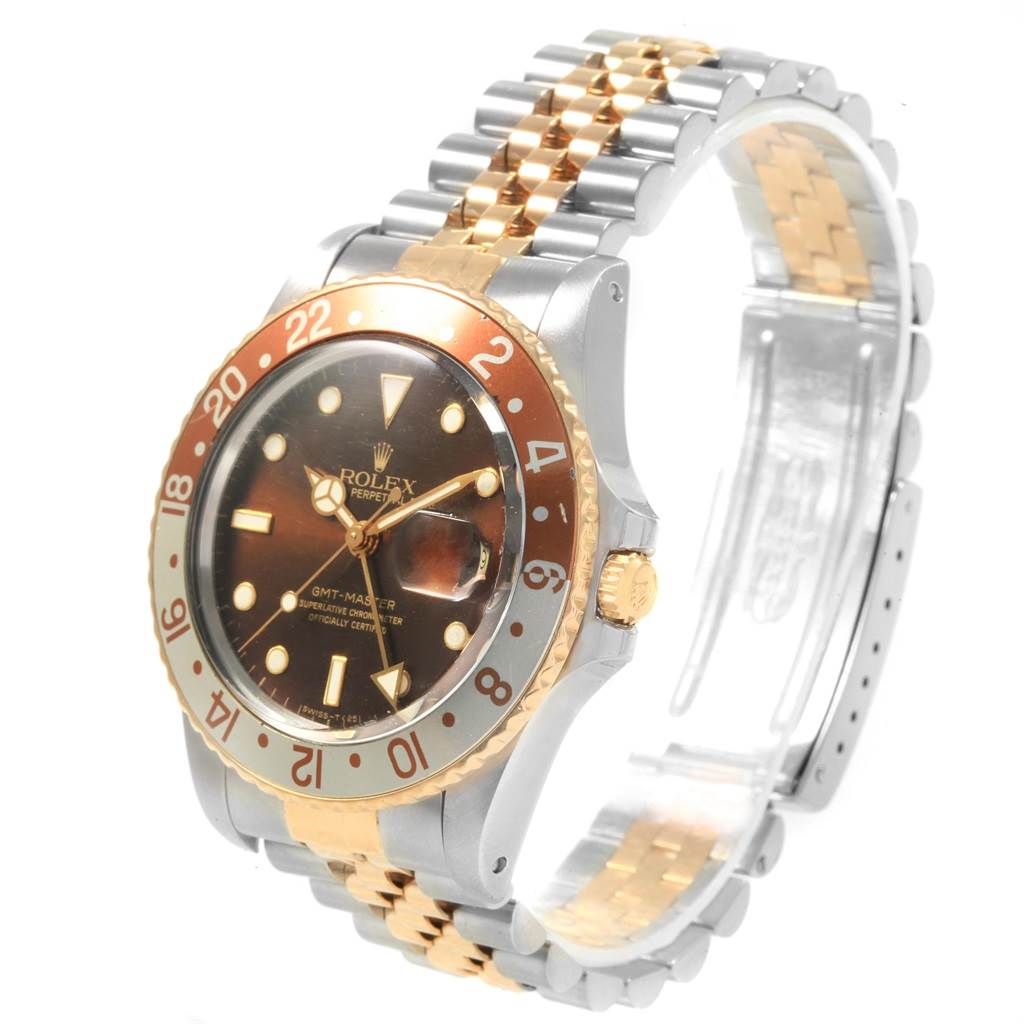 The image shows a Rolex Vintage Collection 16753 Men's Stainless Steel Brown Dial 16753 Men's Stainless Steel Brown Dial GMT-Master watch from a three-quarter angle, displaying the face, bezel, and two-tone bracelet.