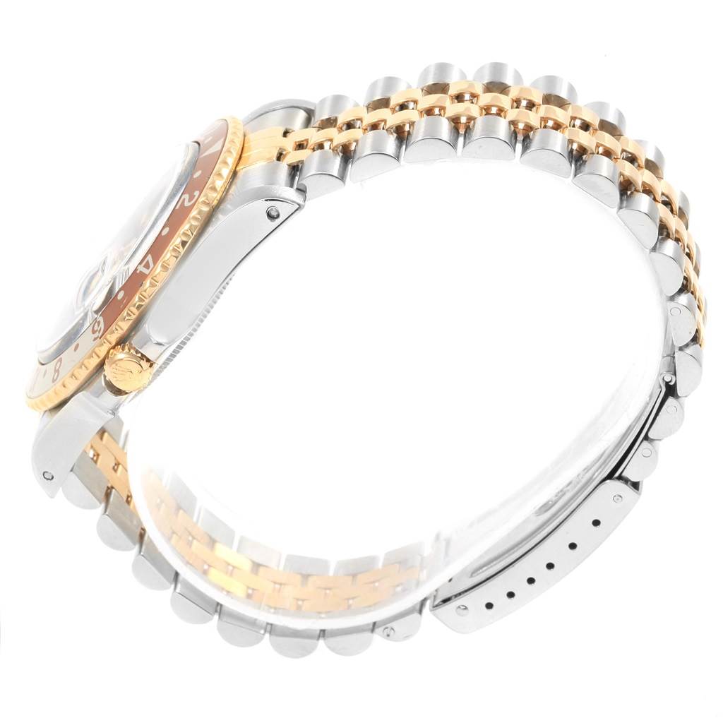 The image shows a side view of the Rolex Vintage Collection 16753 Men's Stainless Steel Brown Dial 16753 Men's Stainless Steel Brown Dial watch, highlighting the bezel, crown, and two-tone bracelet.