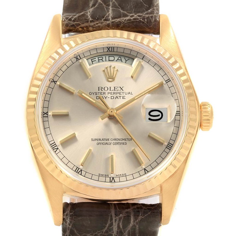 Rolex President Day-Date Yellow Gold Silver Dial Mens Watch 18038 SwissWatchExpo