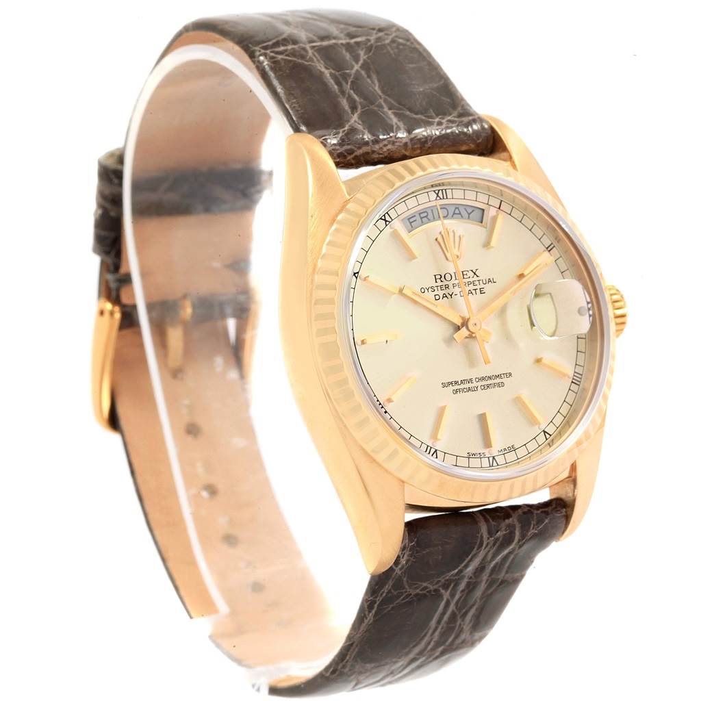 The Rolex Vintage Collection 18038 Men's Yellow Gold Silver Dial 18038 Men's Yellow Gold Silver Dial watch is shown at a front angle, displaying its dial, case, and leather strap.