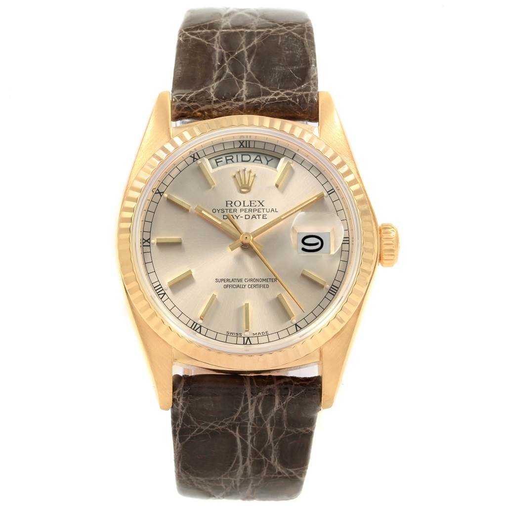 The image shows a front view of the Vintage Collection Rolex watch, displaying its dial, bezel, crown, and leather strap.