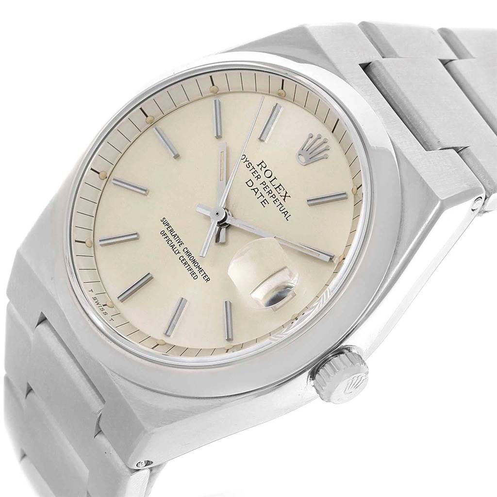 This image shows a side angle of the Rolex Vintage Collection 1530 Men's Stainless Steel Silver Dial 1530 Men's Stainless Steel Silver Dial, featuring the dial, hands, crown, and part of the bracelet.