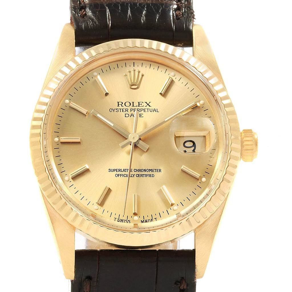 The image shows a frontal view of the dial and bezel of a Vintage Collection Rolex Oyster Perpetual Date watch with a leather strap.